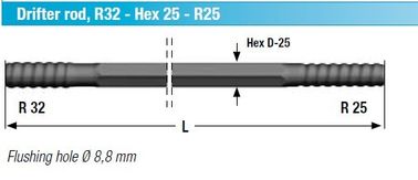 2m untuk 6m Bor Ekstensi Rod Top Hammer Drilling, 32mm - 52mm Diameter